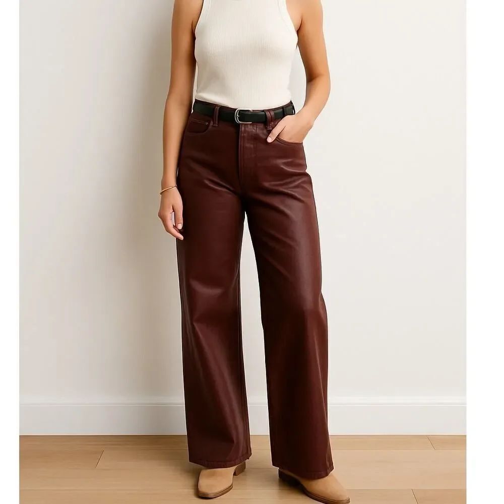 BlankNYC Franklin Ribcage Coated Wide Leg Jeans 24 NWT Burgundy High Rise Fall